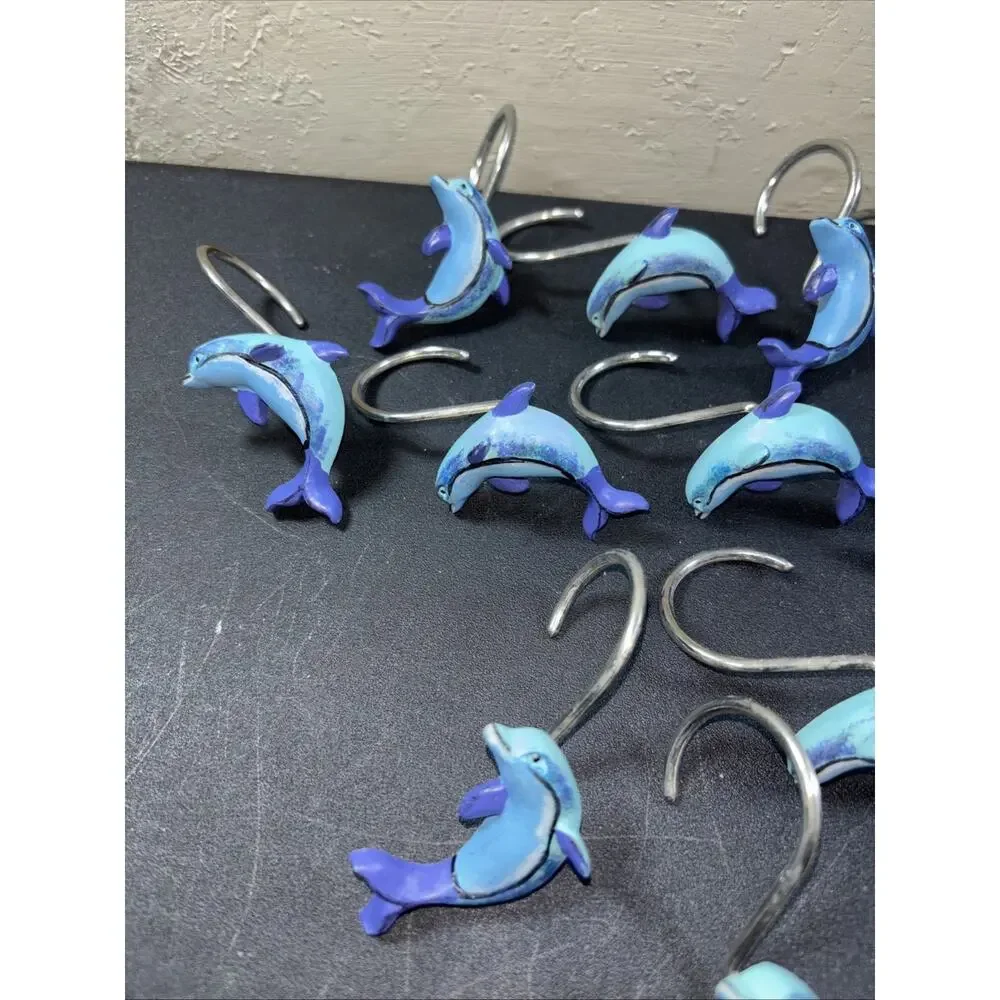 Dolphin Shower Curtain Hooks 12 Resin Whimsical Metal Rings 1 Broken Fin